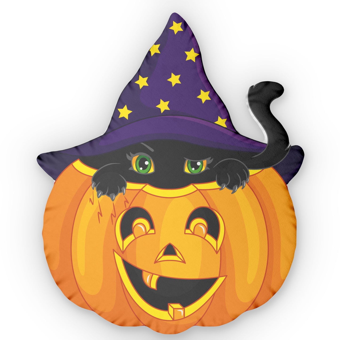 Black Cat Purple Witch Hat In A Pumpkin - Custom Shaped Pillow