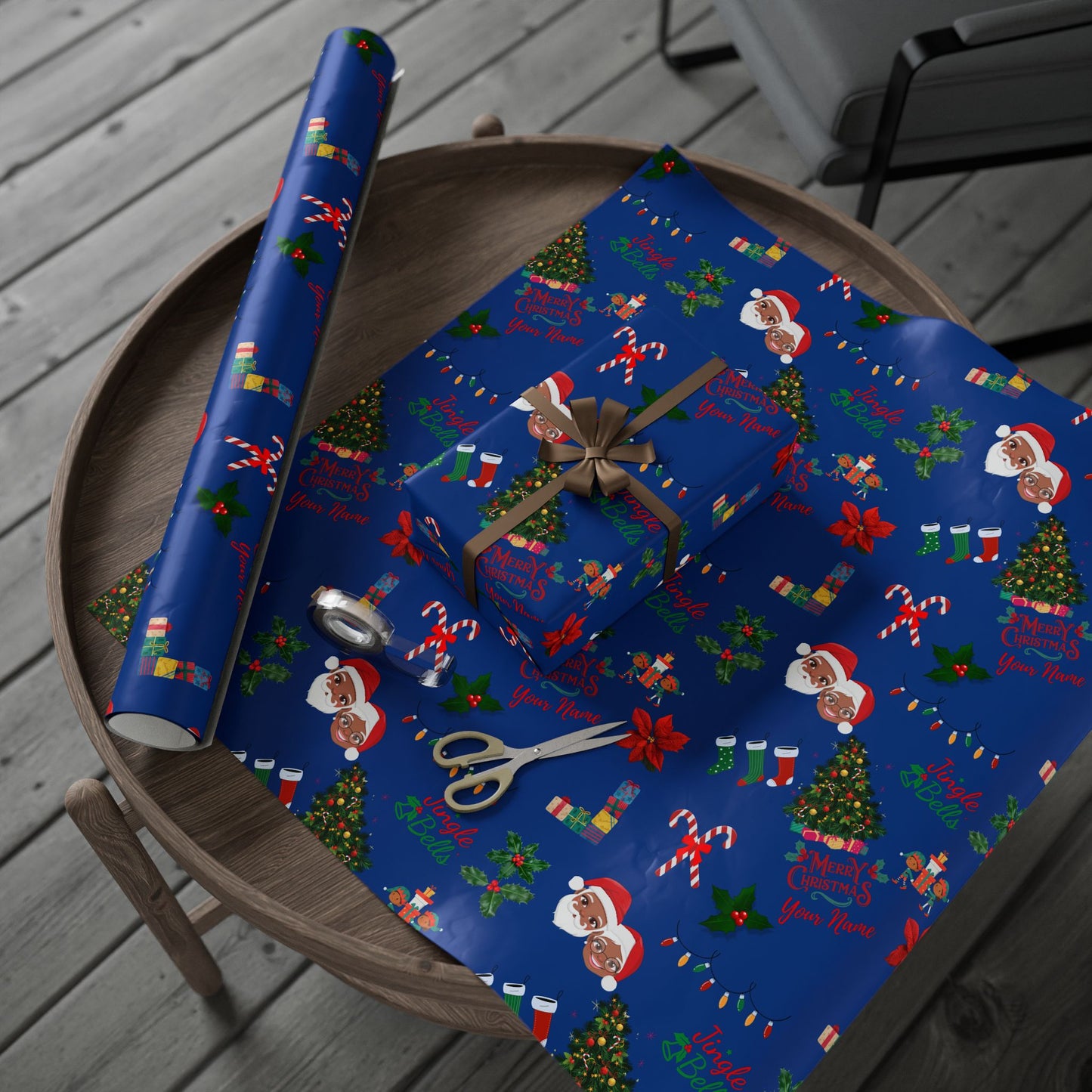 Personalized Afrocentric Mr. & Mrs Claus Blue Christmas Wrapping Paper