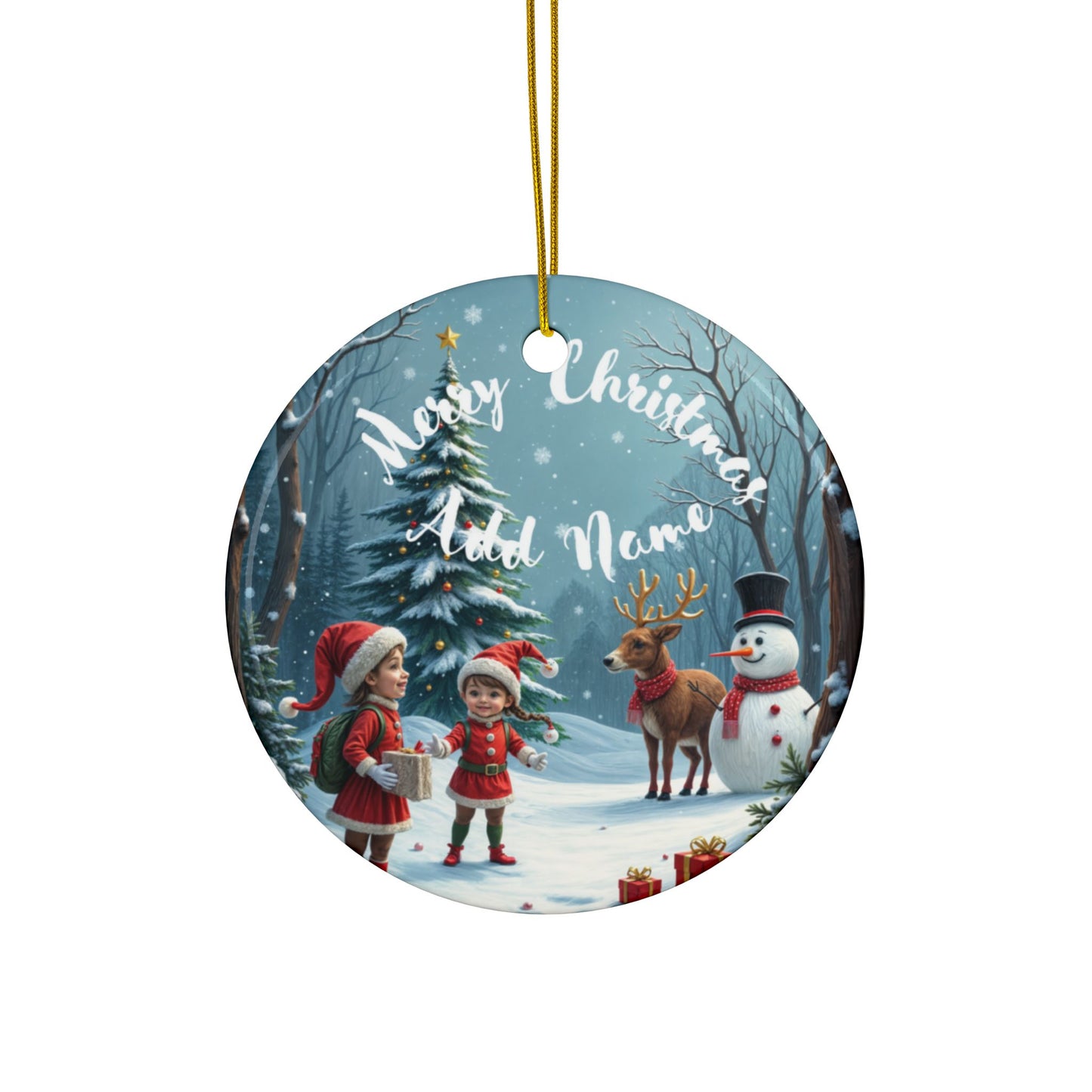 Personalized Merry Christmas Kids & The Snow Man Ornaments - Ceramic, 2-Side Print, (1pc, 3pcs, 5pcs, 10pcs)