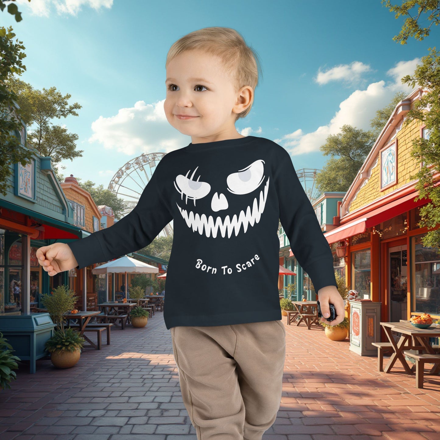 Toddler's Born To Scare MonsterFace Halloween Long Sleeve T-shirt