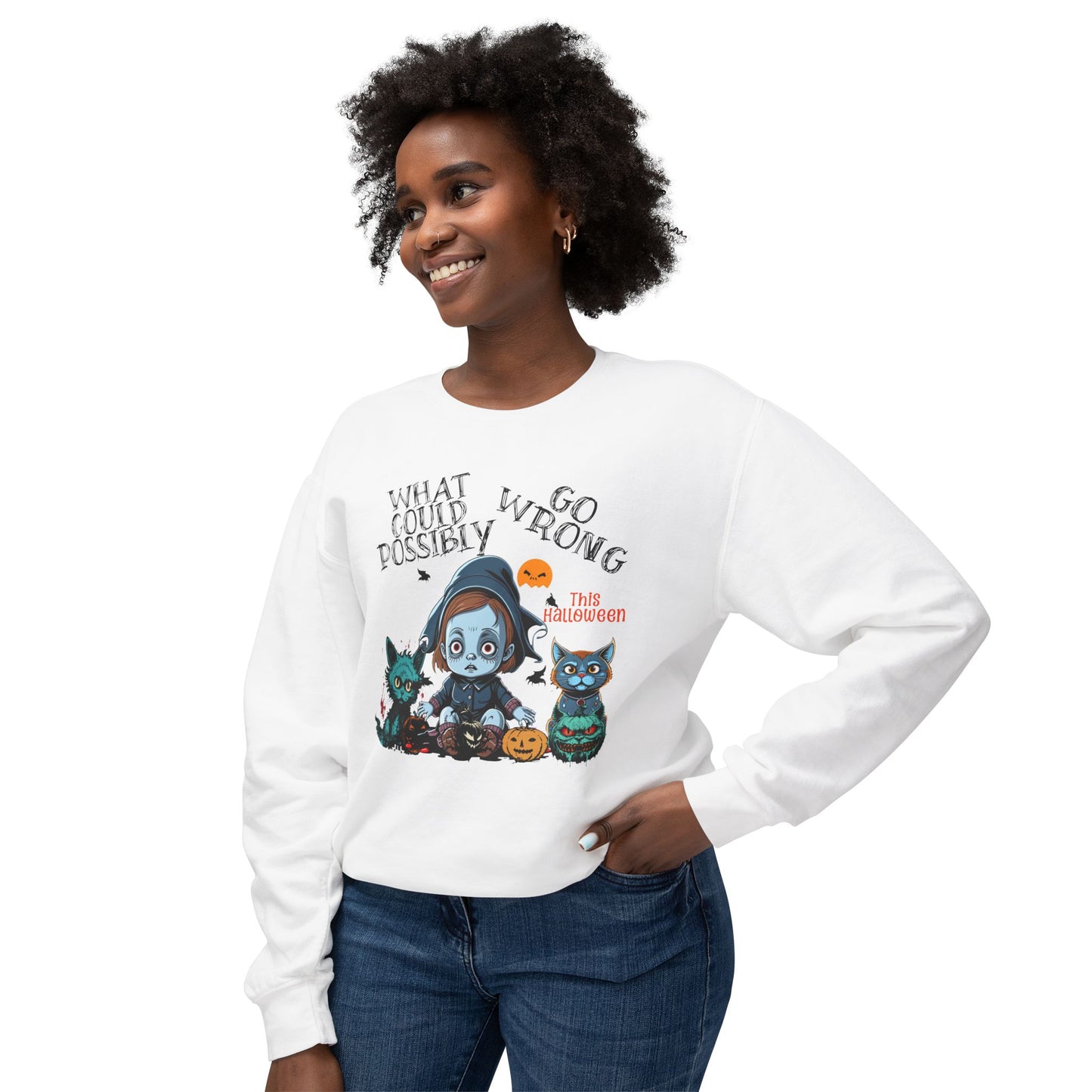 Crewneck Sweatshirt - Halloween Baby with Cats, 'What Could Possibly Go Wrong'