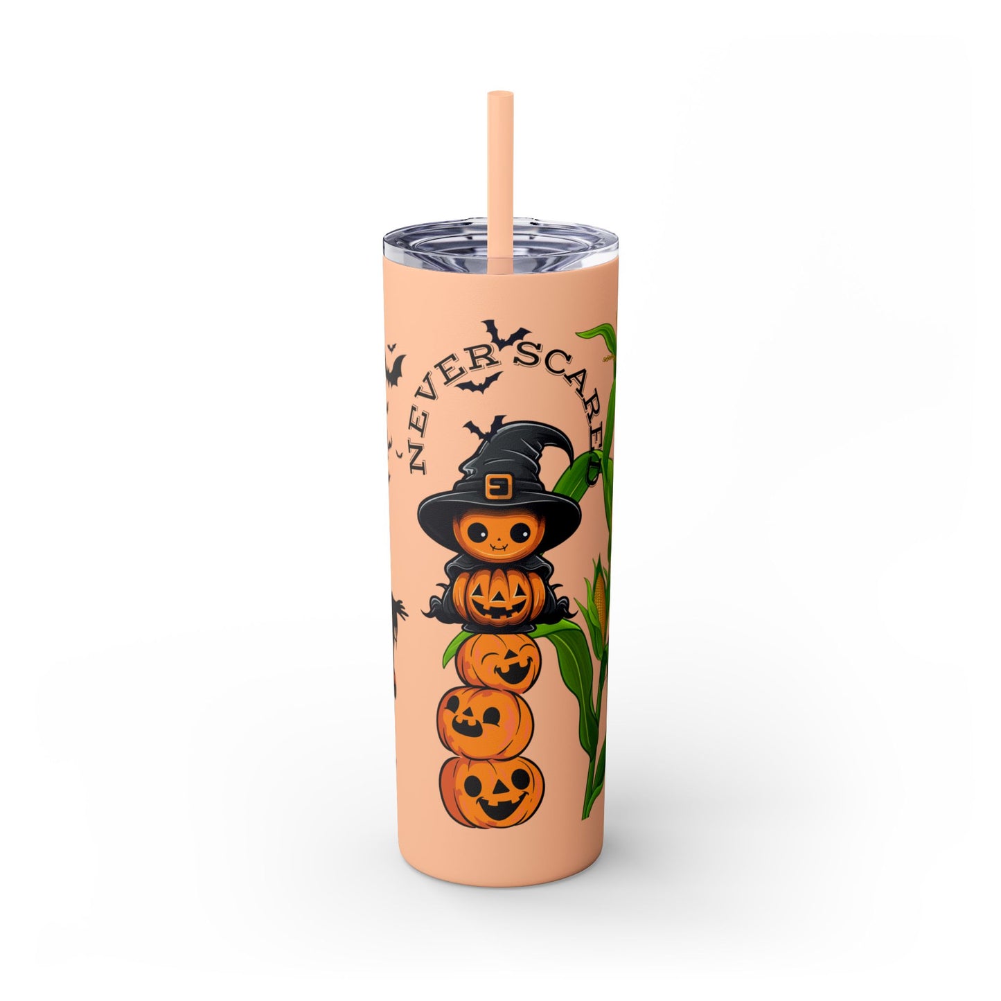 "Never Scared Halloween Themed" Skinny Tumbler with Straw, 20oz