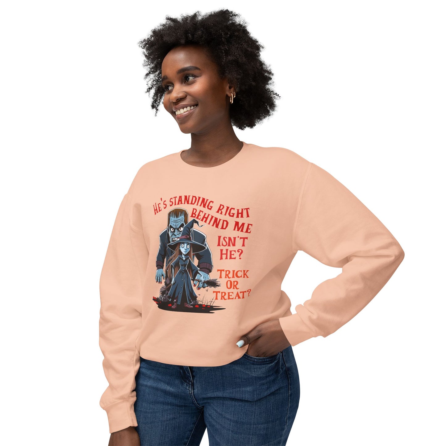 Halloween Crewneck Sweatshirt with Witch and Frankenstein Design