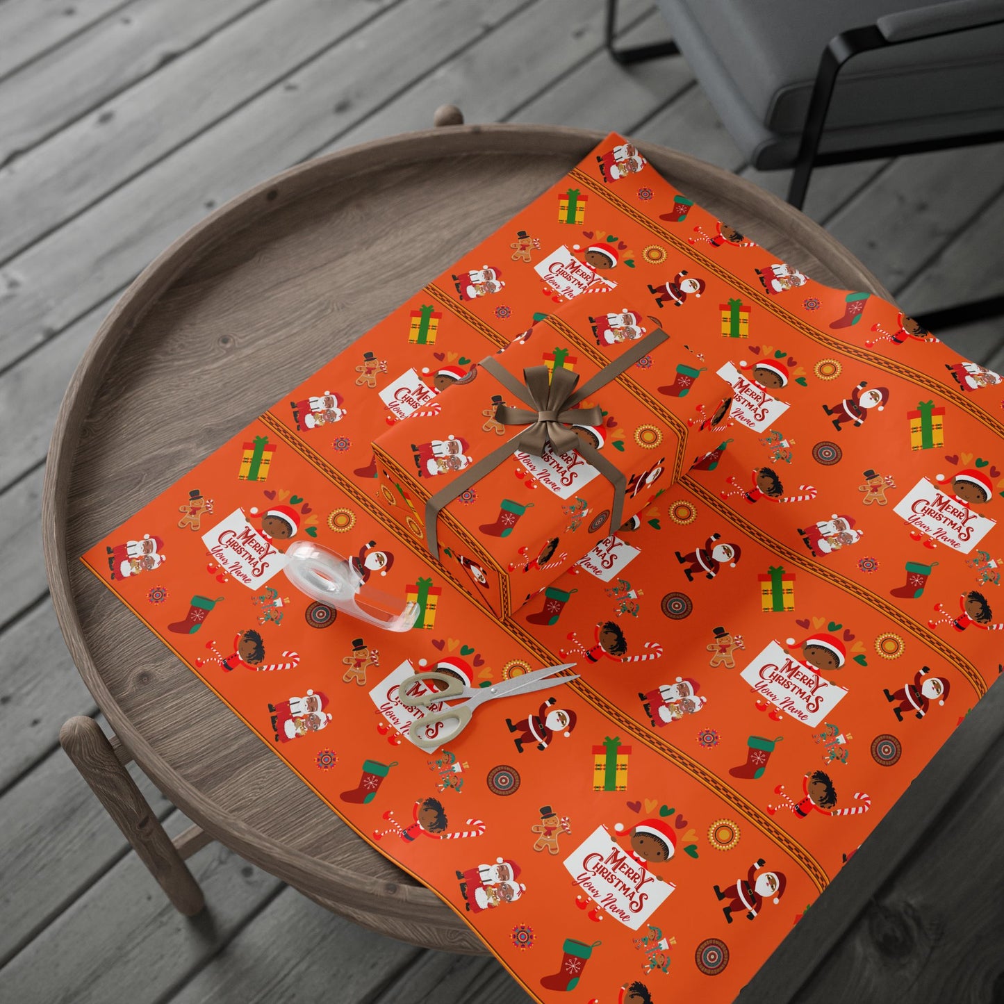 Personalized Afrocentric Merry Christmas Orange Wrapping Paper