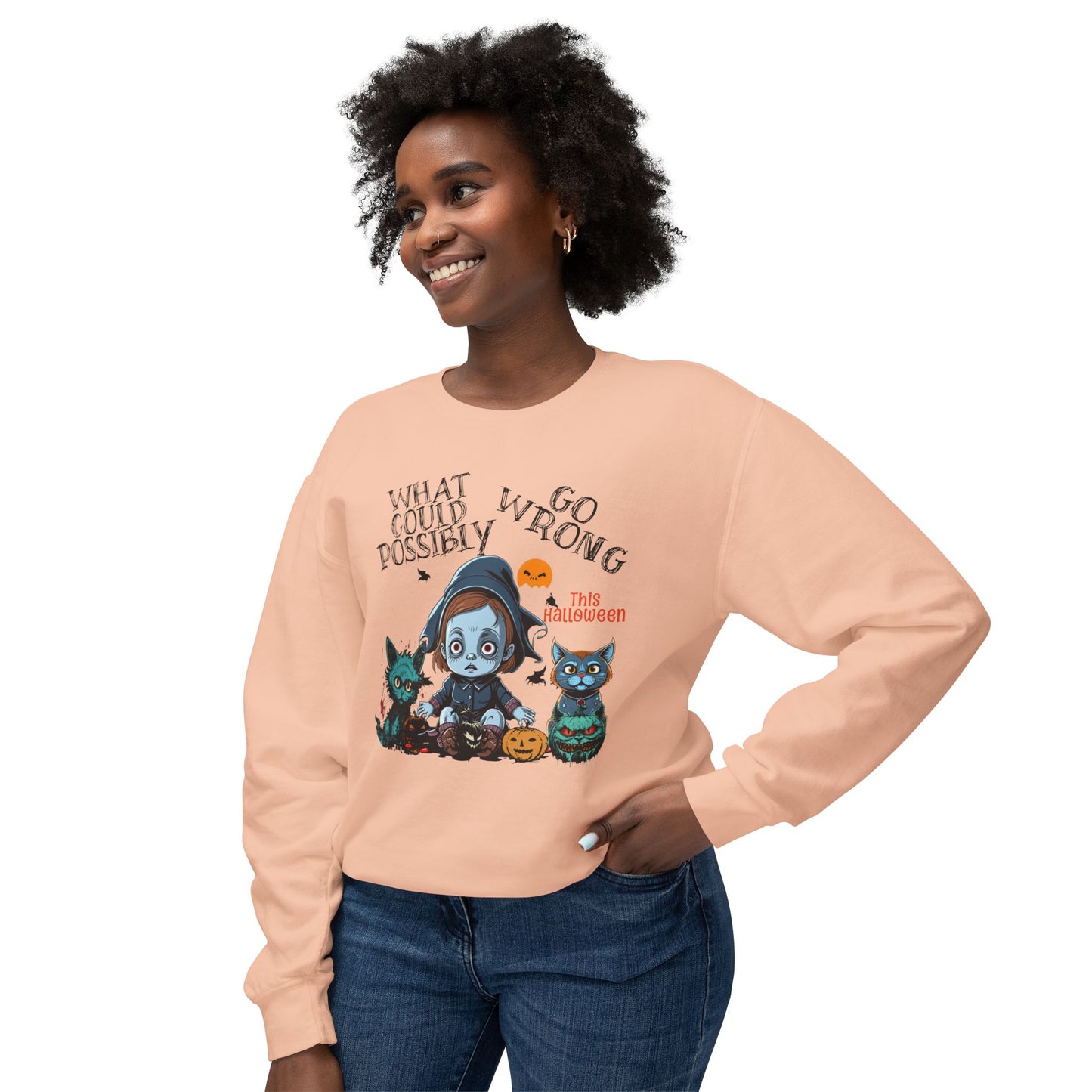 Crewneck Sweatshirt - Halloween Baby with Cats, 'What Could Possibly Go Wrong'