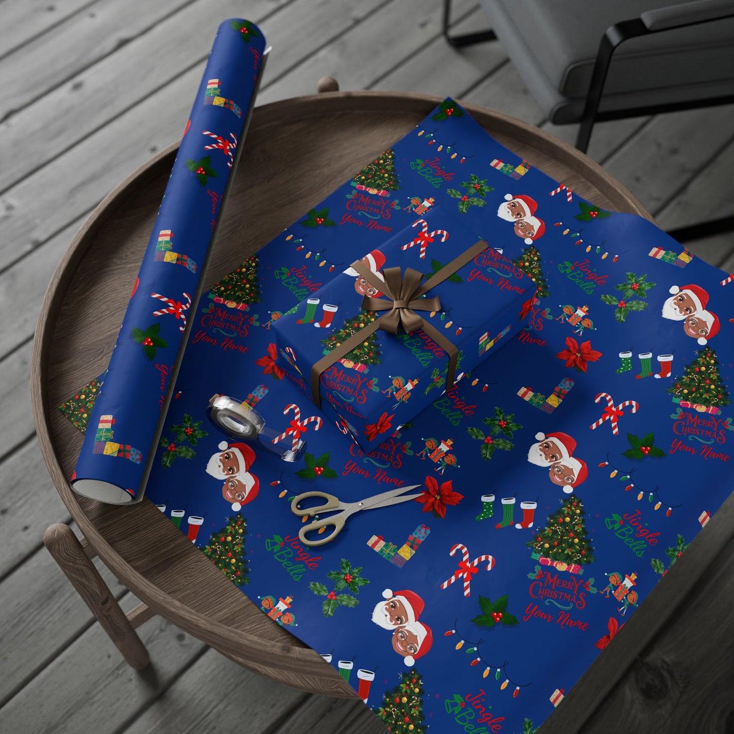 Personalized Afrocentric Mr. & Mrs Claus Blue Christmas Wrapping Paper