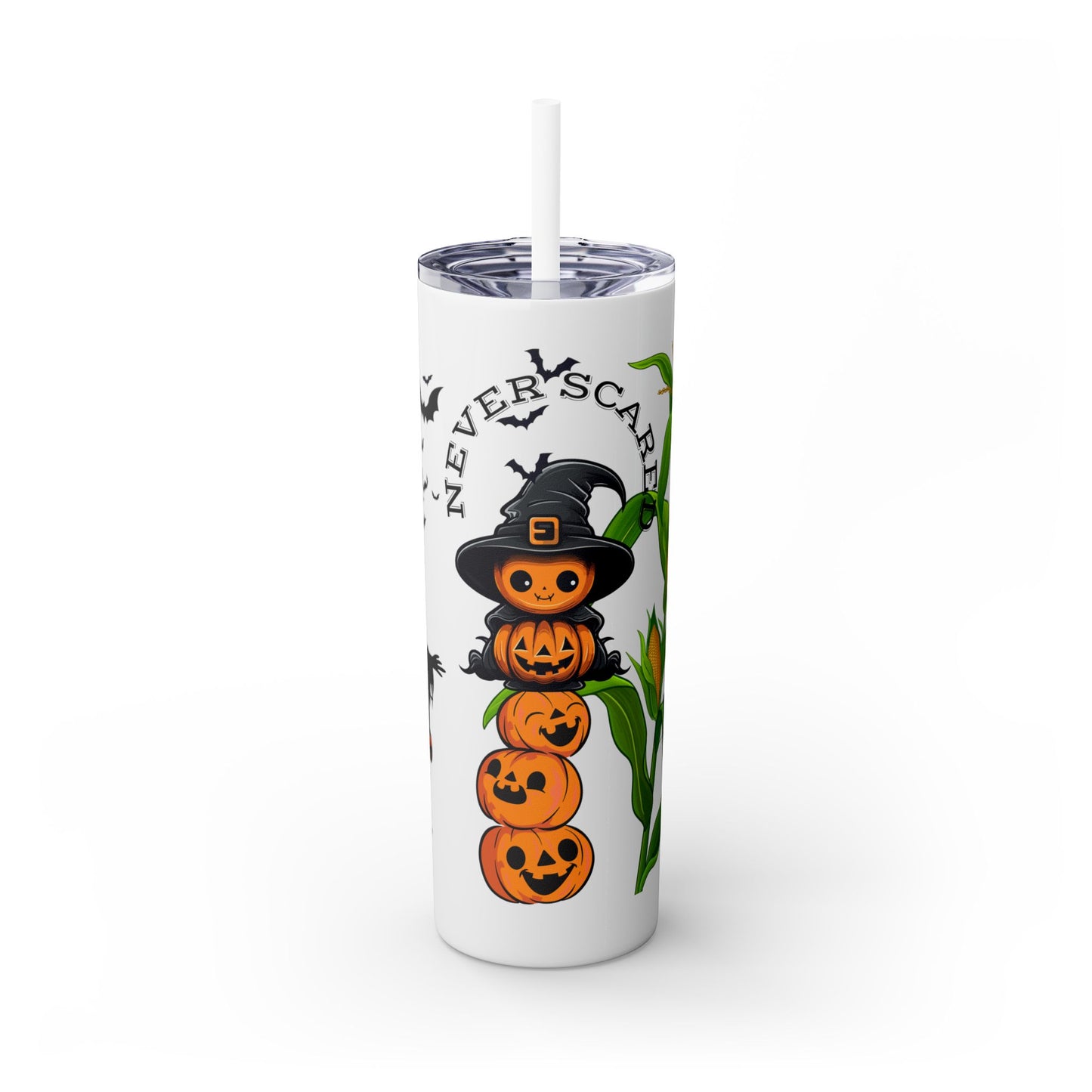 "Never Scared Halloween Themed" Skinny Tumbler with Straw, 20oz