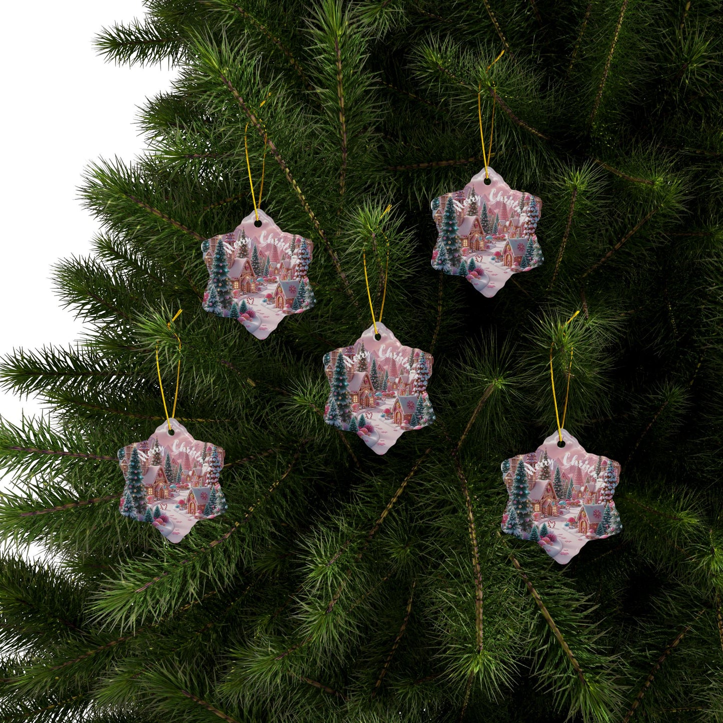 Merry Christmas Village Ceramic Ornaments, 2-Side Print, (1pc, 3pcs, 5pcs, 10pcs)