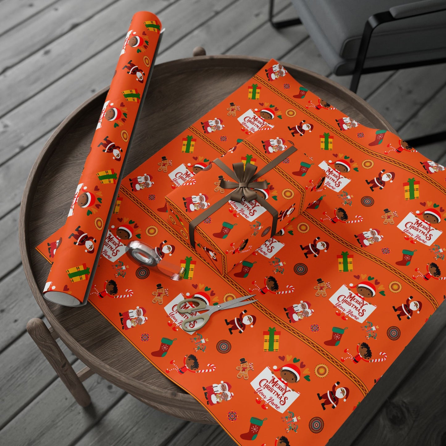 Personalized Afrocentric Merry Christmas Orange Wrapping Paper