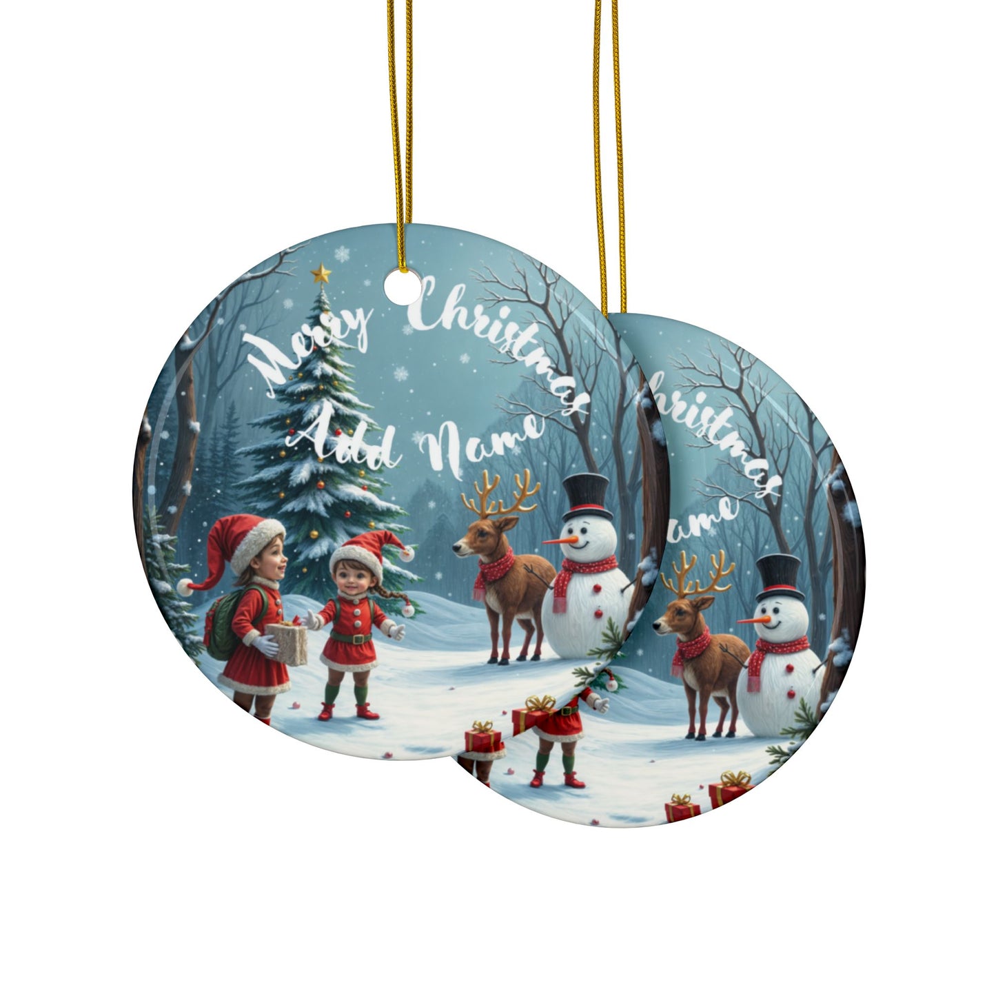 Personalized Merry Christmas Kids & The Snow Man Ornaments - Ceramic, 2-Side Print, (1pc, 3pcs, 5pcs, 10pcs)