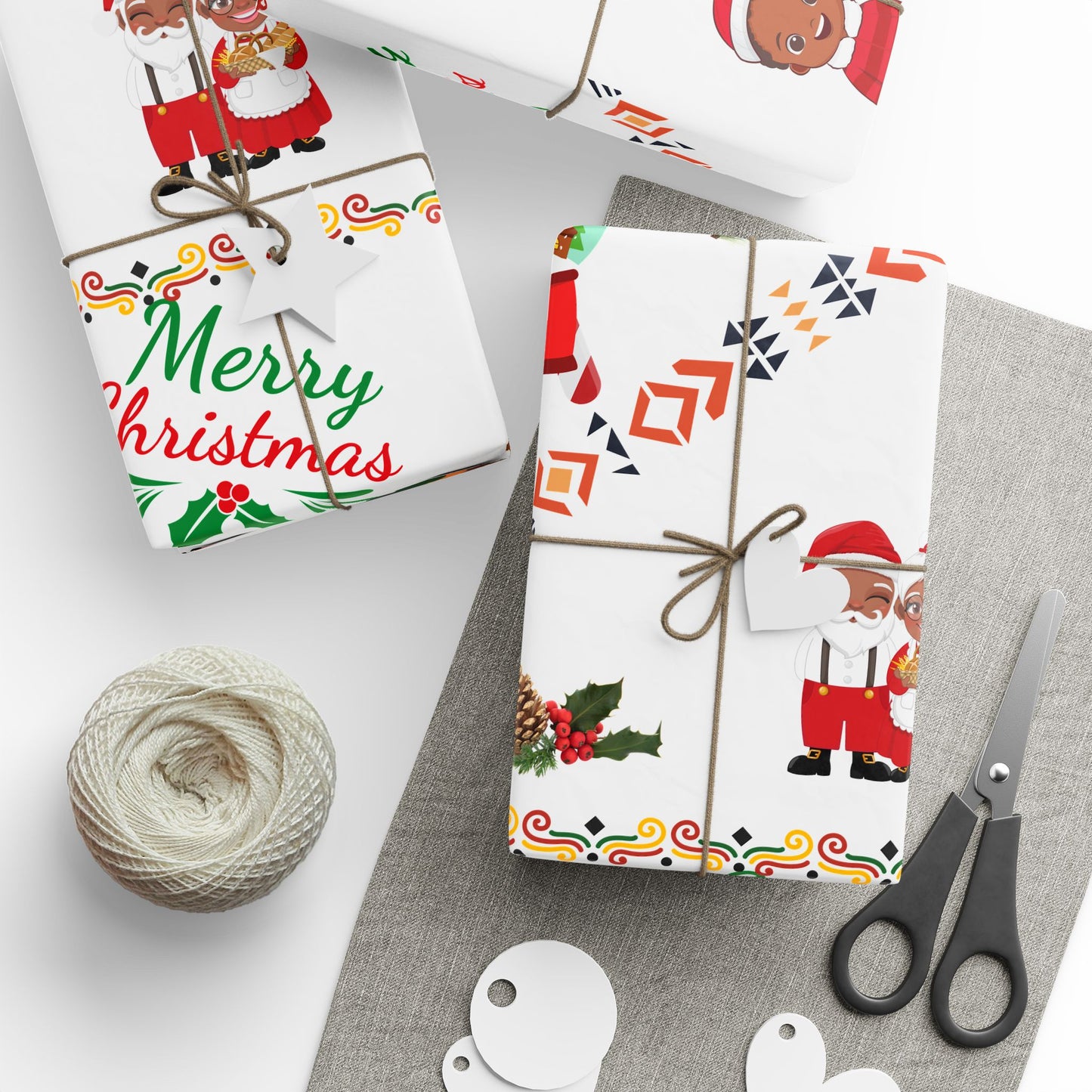 Afrocentric Merry Christmas Wrapping Paper - White