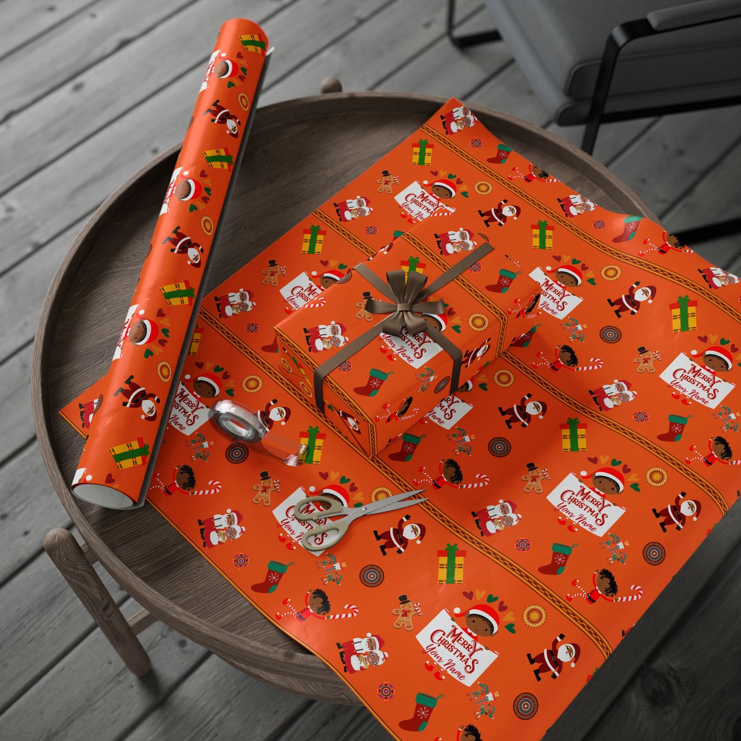 Personalized Afrocentric Merry Christmas Orange Wrapping Paper