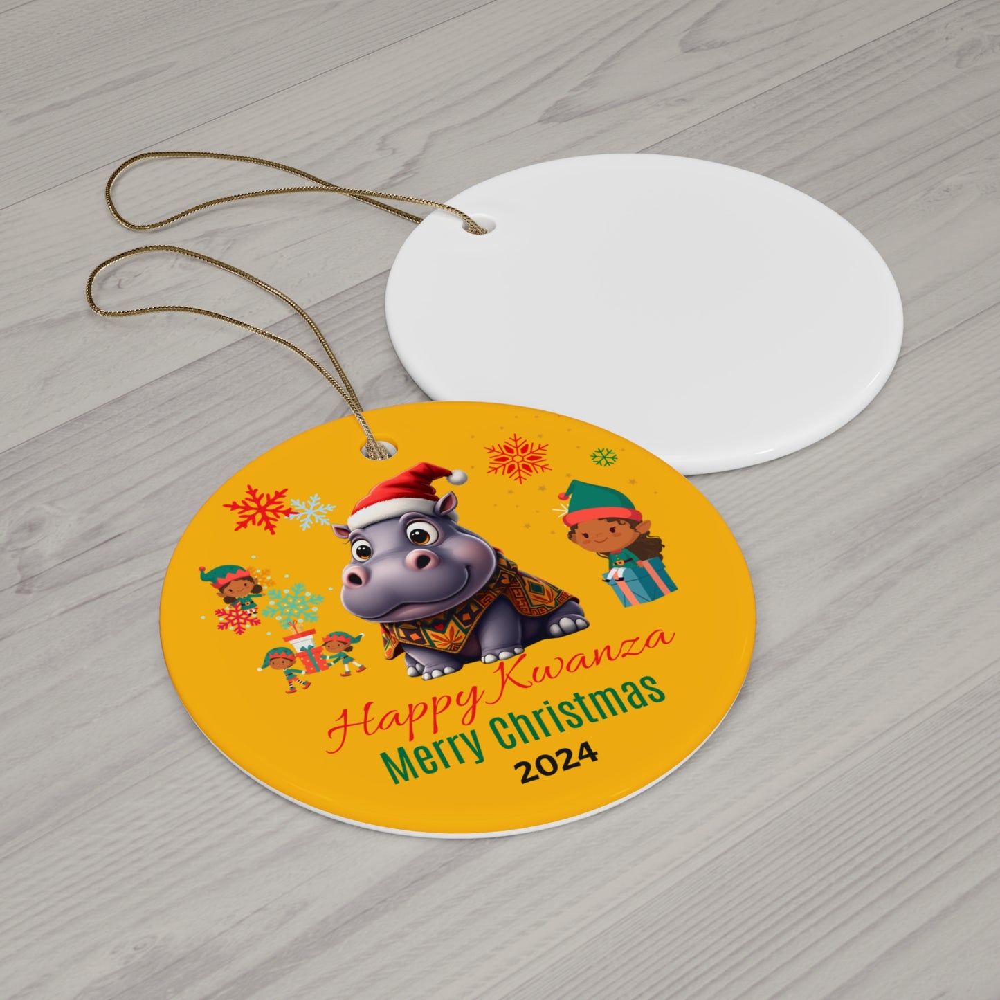 Happy Kwanzaa, Merry Christmas Gold Ceramic Ornament