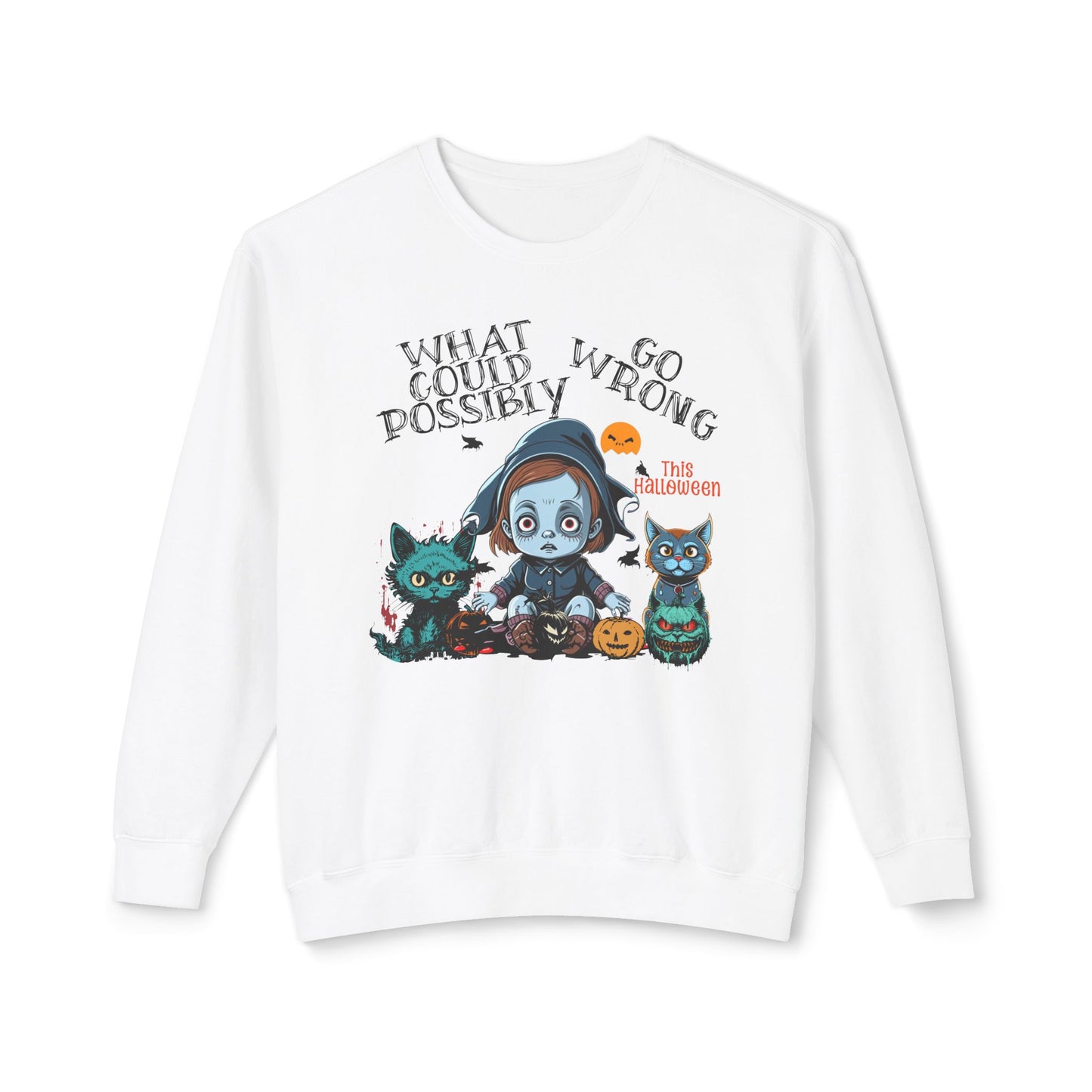 Crewneck Sweatshirt - Halloween Baby with Cats, 'What Could Possibly Go Wrong'