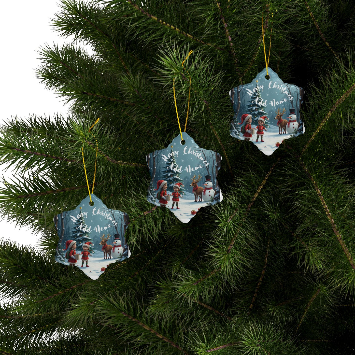 Personalized Merry Christmas Kids & The Snow Man Ornaments - Ceramic, 2-Side Print, (1pc, 3pcs, 5pcs, 10pcs)