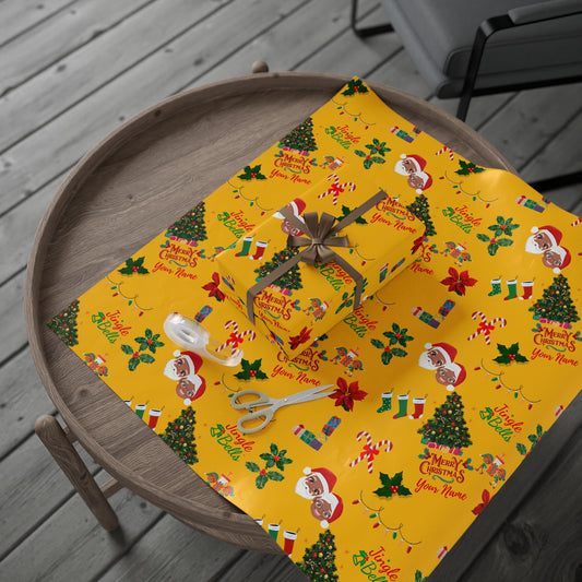 Personalized Afrocentric Mr. & Mrs Claus Gold Christmas Wrapping Paper