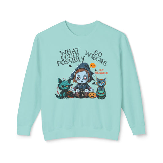 Crewneck Sweatshirt - Halloween Baby with Cats, 'What Could Possibly Go Wrong'