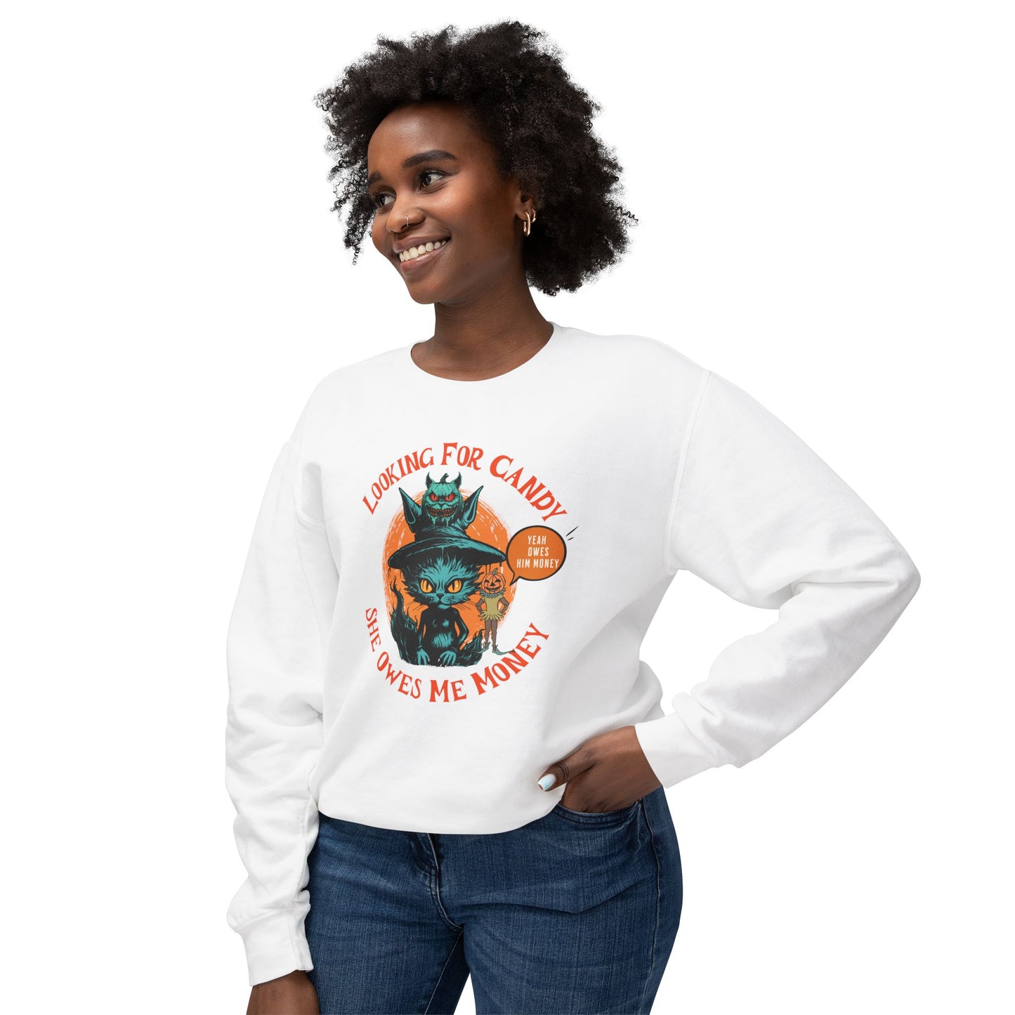 Halloween Cat Crewneck Sweatshirt with Jack o Lantern