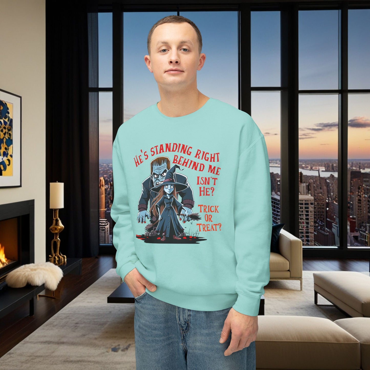 Halloween Crewneck Sweatshirt with Witch and Frankenstein Design