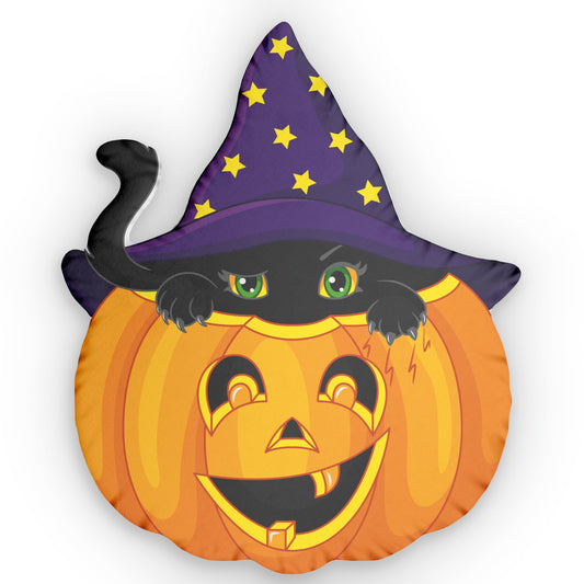 Black Cat Purple Witch Hat In A Pumpkin - Custom Shaped Pillow