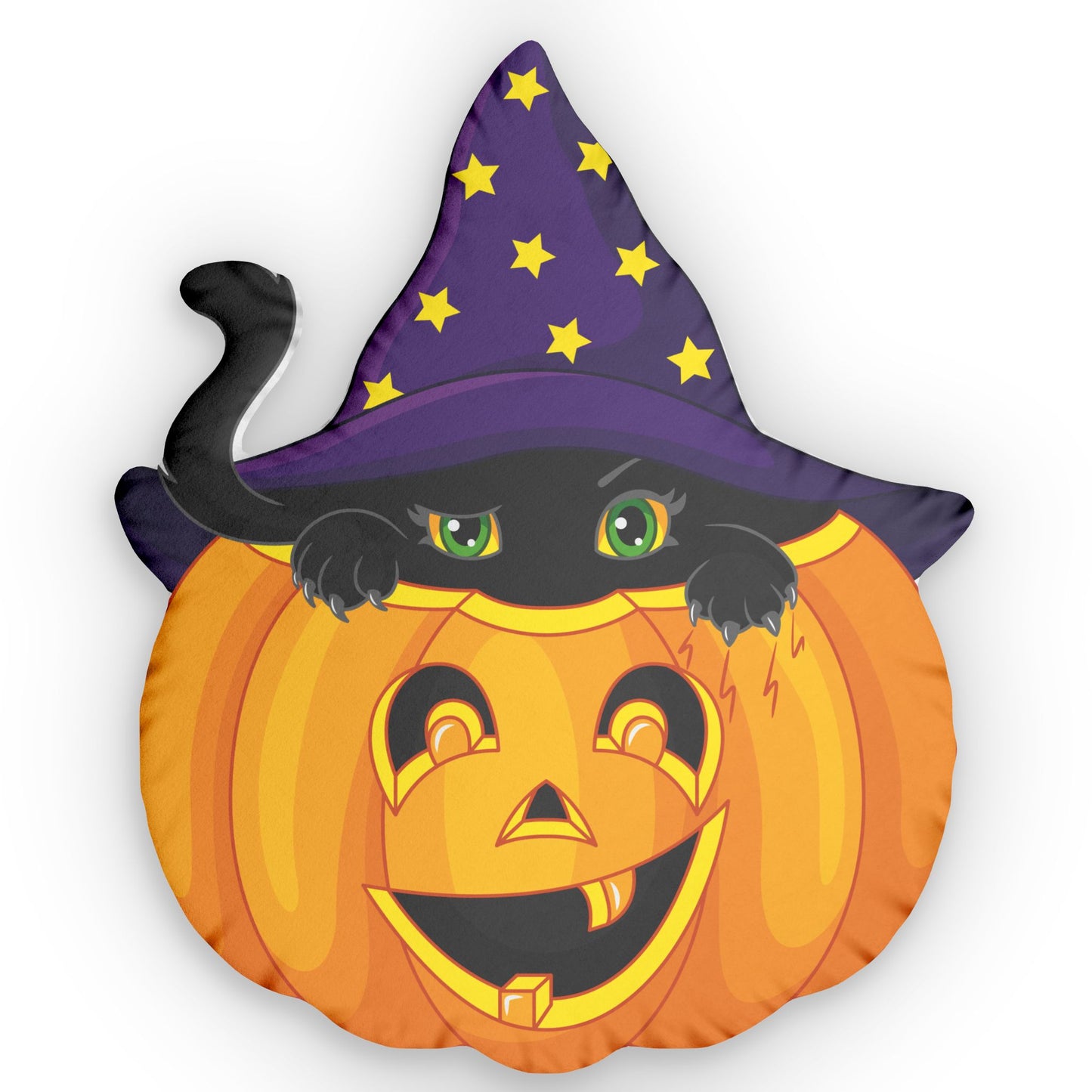 Black Cat Purple Witch Hat In A Pumpkin - Custom Shaped Pillow