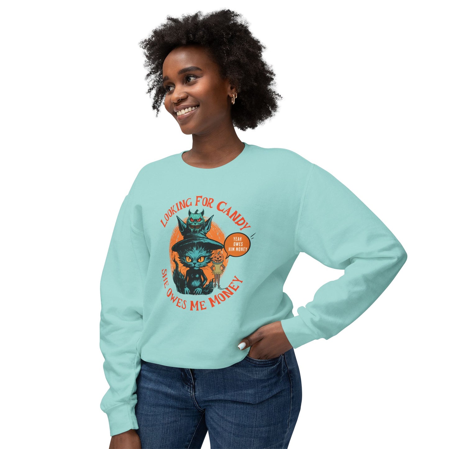 Halloween Cat Crewneck Sweatshirt with Jack o Lantern