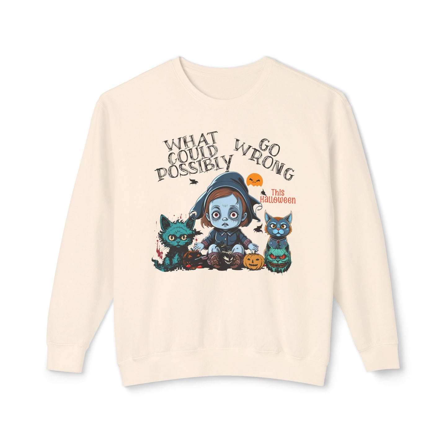 Crewneck Sweatshirt - Halloween Baby with Cats, 'What Could Possibly Go Wrong'