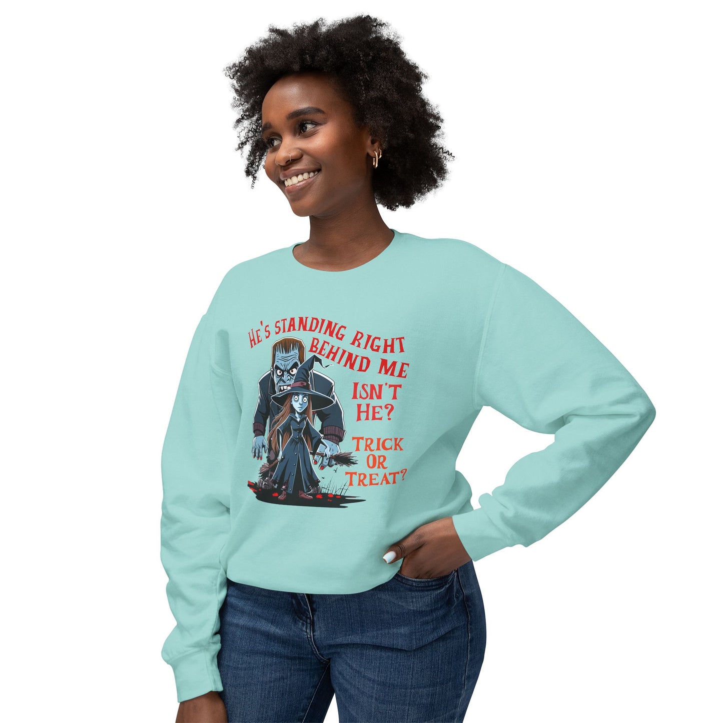 Halloween Crewneck Sweatshirt with Witch and Frankenstein Design