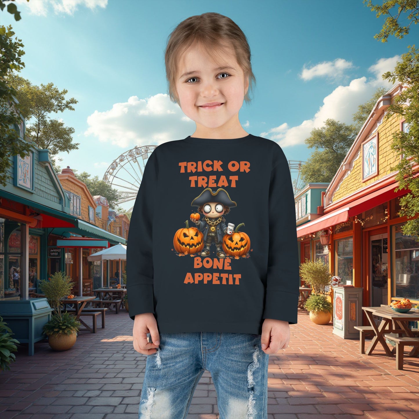 Toddler's "Trick or Treat, Bon Appetit" Halloween Long Sleeve T-shirt