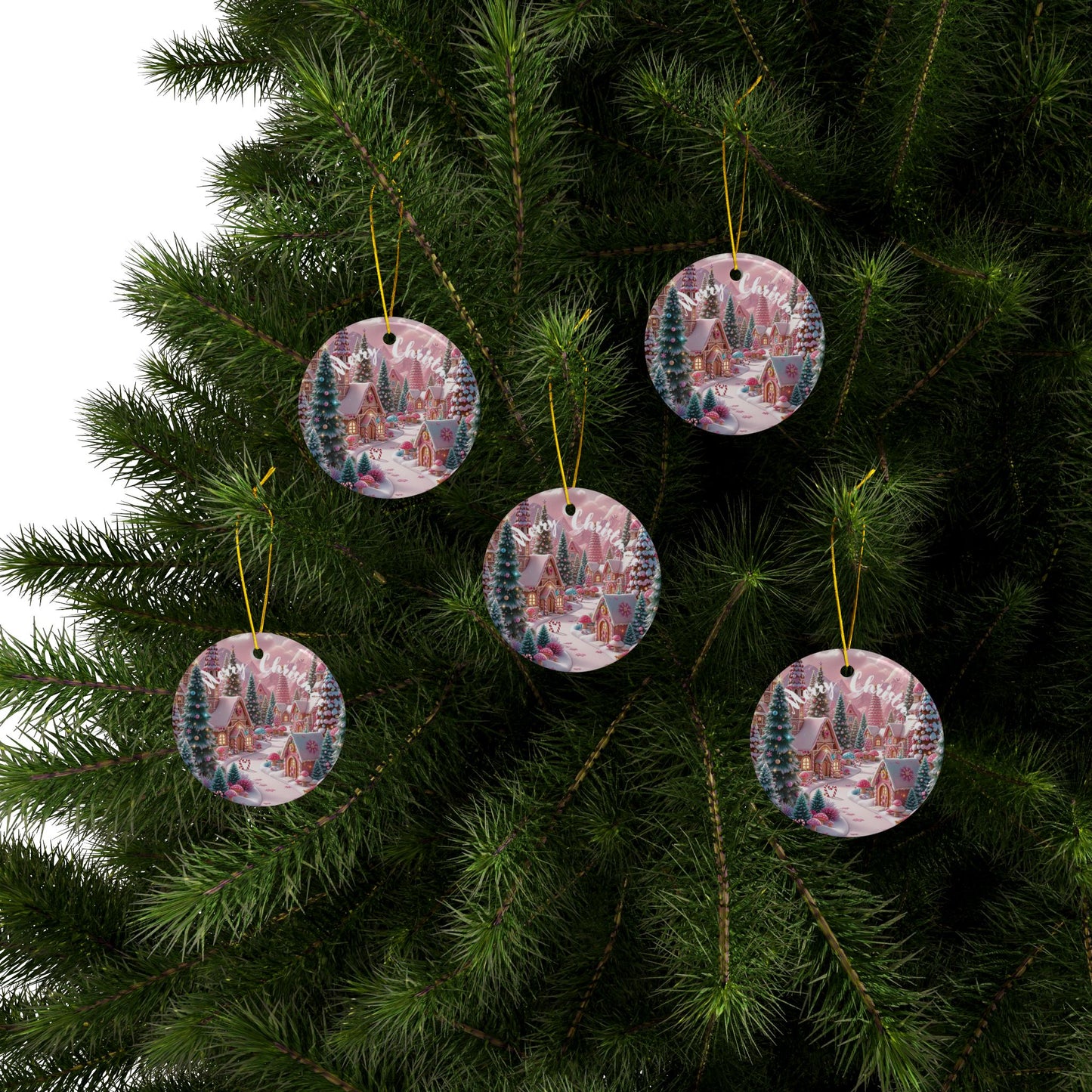 Merry Christmas Village Ceramic Ornaments, 2-Side Print, (1pc, 3pcs, 5pcs, 10pcs)