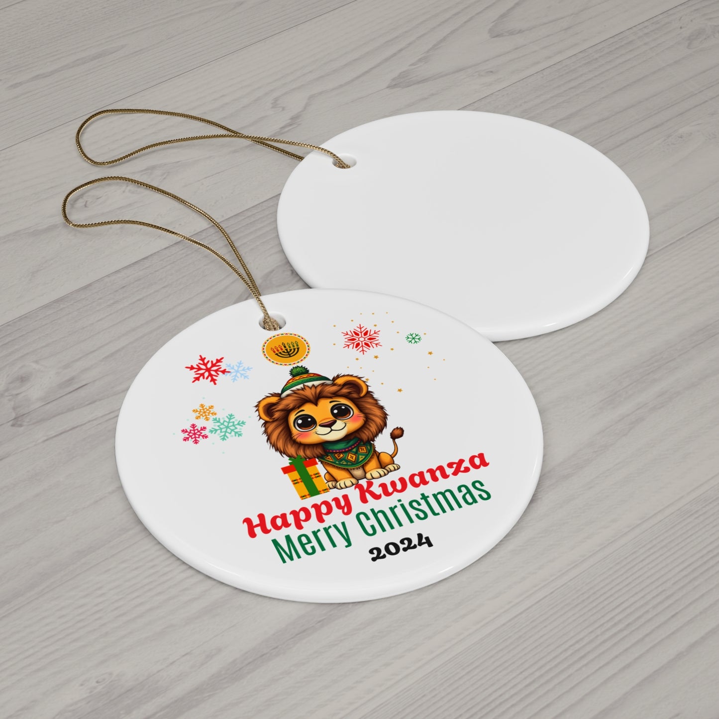 Happy Kwanzaa, Merry Christmas Baby Lion Ceramic Ornament