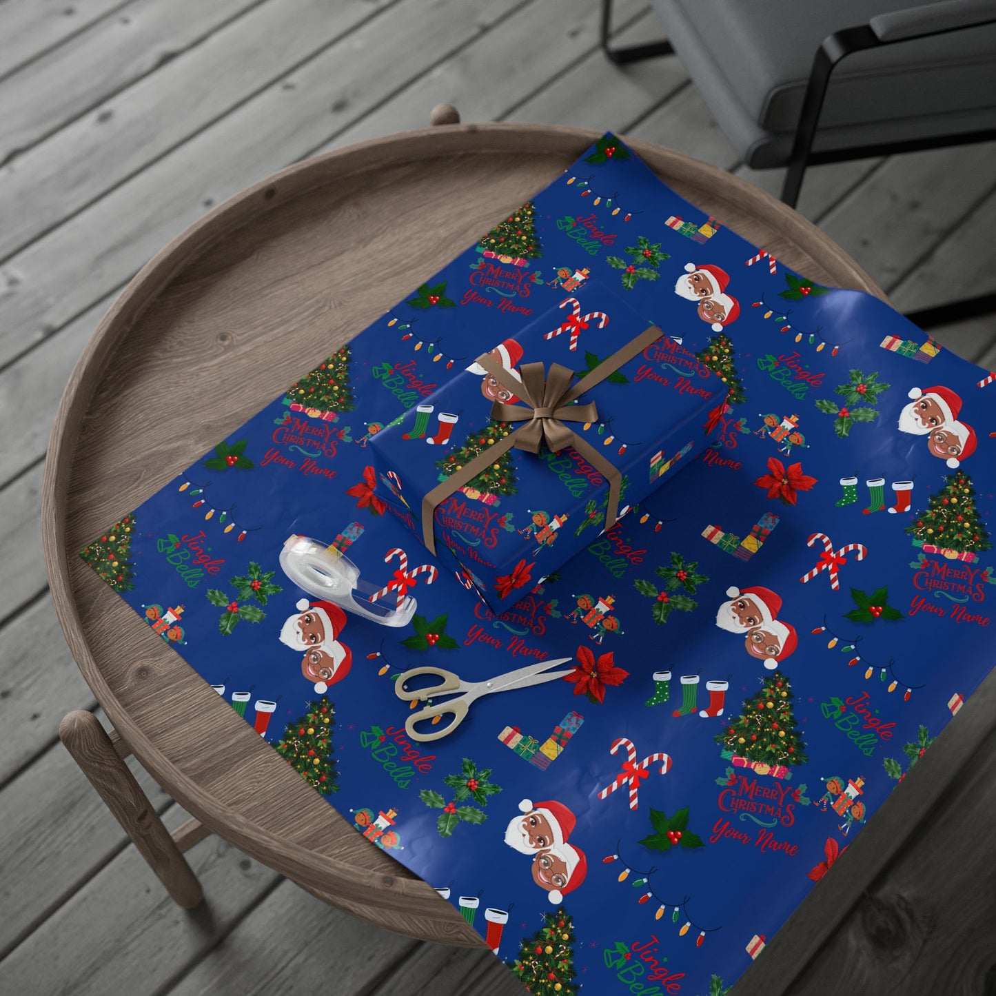 Personalized Afrocentric Mr. & Mrs Claus Blue Christmas Wrapping Paper