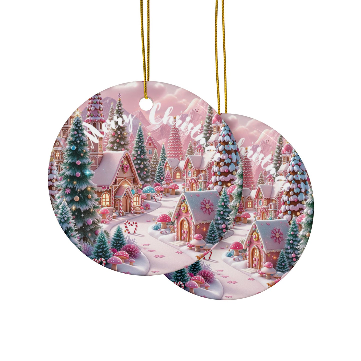 Merry Christmas Village Ceramic Ornaments, 2-Side Print, (1pc, 3pcs, 5pcs, 10pcs)