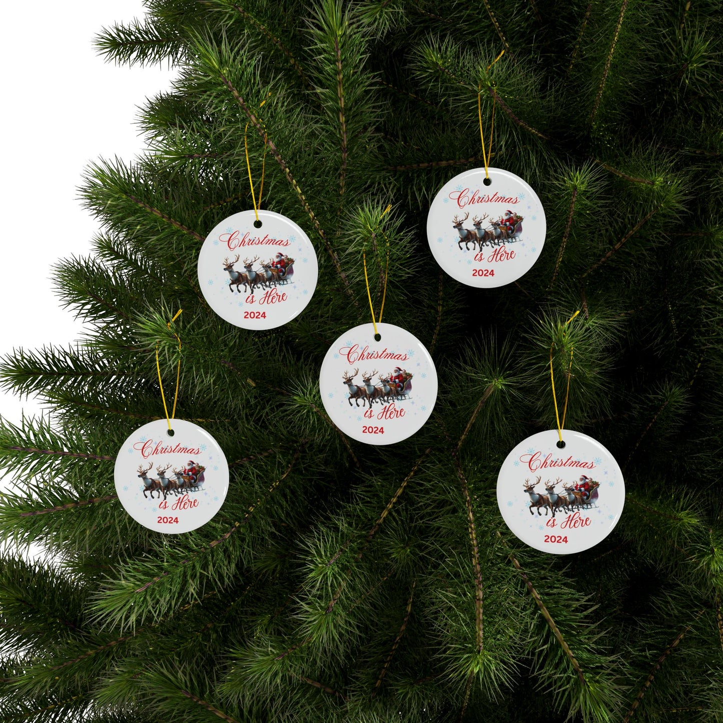 Christmas Is Here 2024 Ceramic Ornaments, 2-Side Print, (1pc, 3pcs, 5pcs, 10pcs)