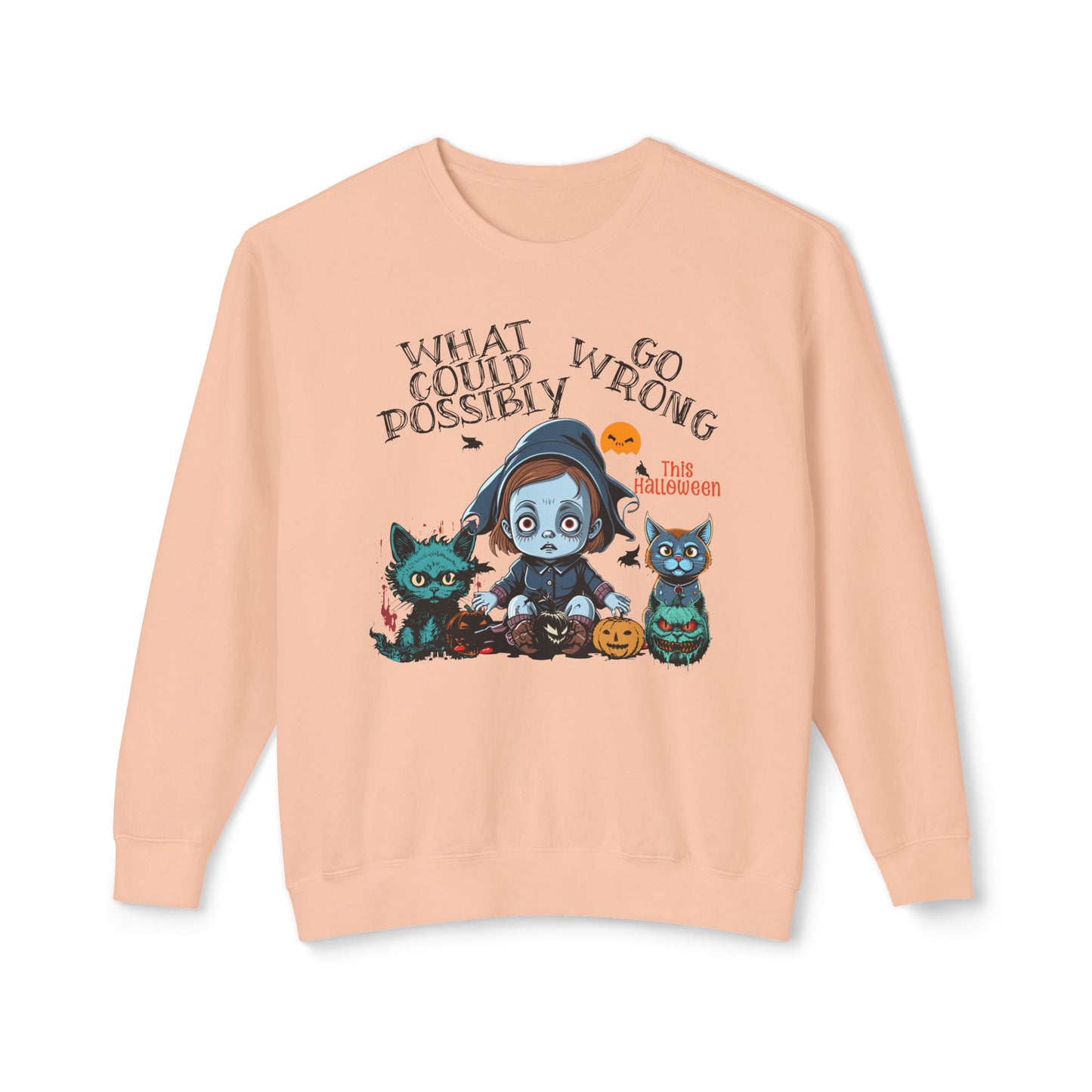 Crewneck Sweatshirt - Halloween Baby with Cats, 'What Could Possibly Go Wrong'