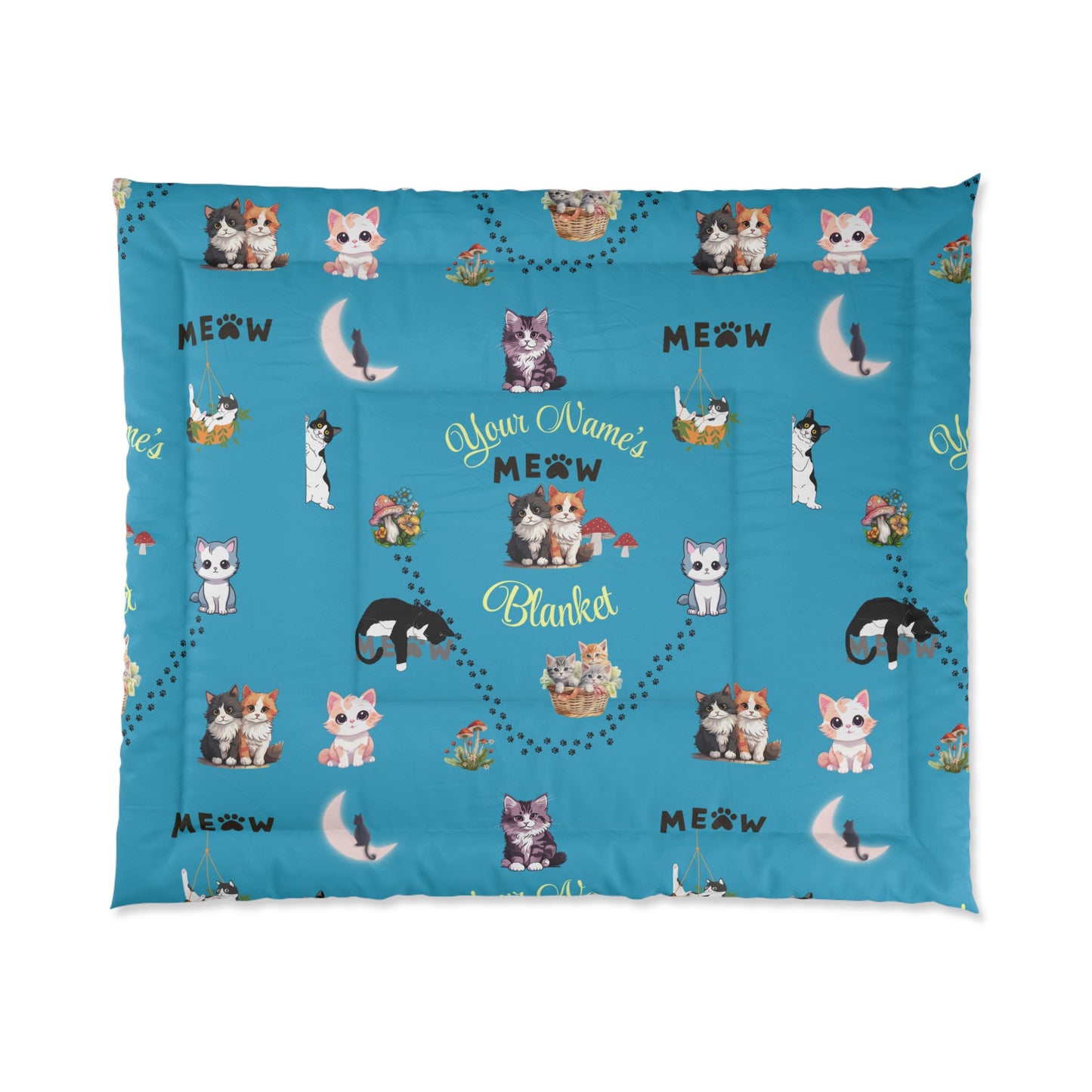 Personalized Cat Meow Comforter - Turquoise