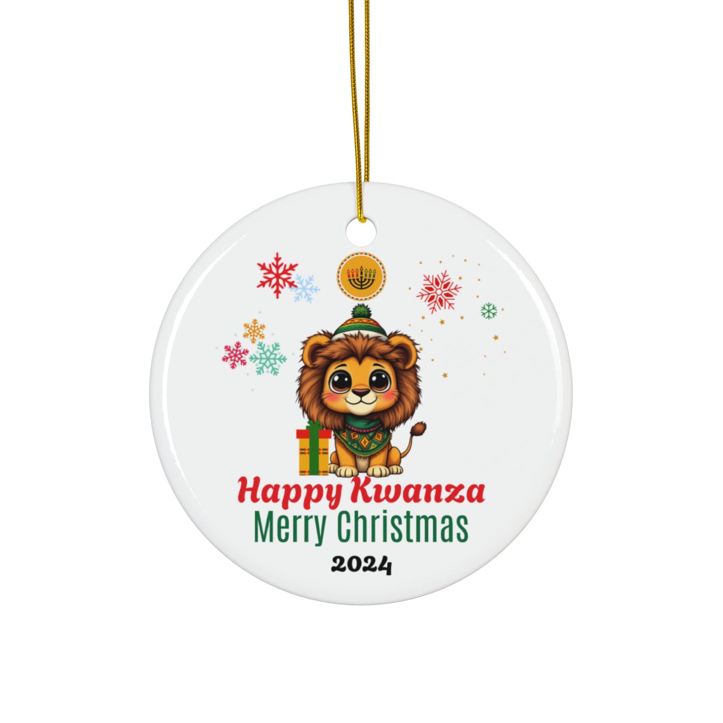 Happy Kwanzaa, Merry Christmas Baby Lion Ceramic Ornament