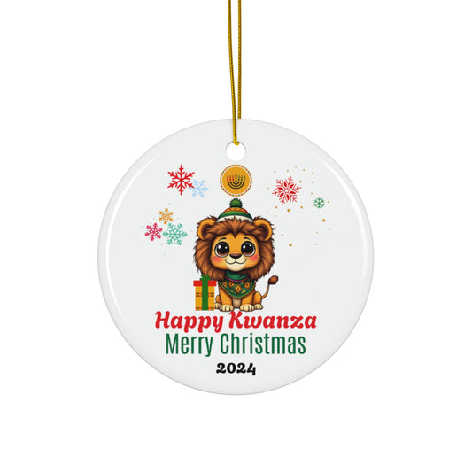 Happy Kwanzaa, Merry Christmas Baby Lion Ceramic Ornament