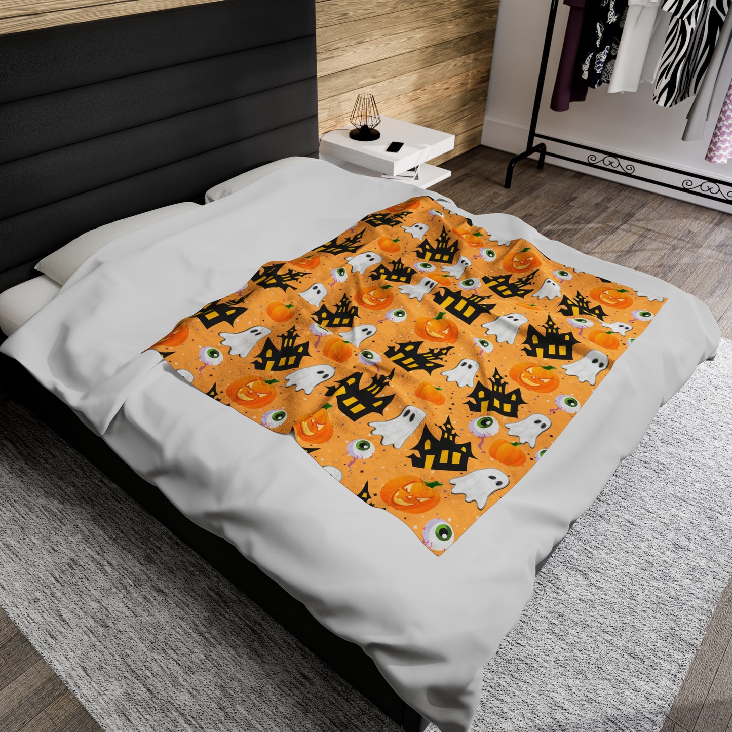 Haunted House, Pumpkin, Ghost Velveteen Plush Blanket