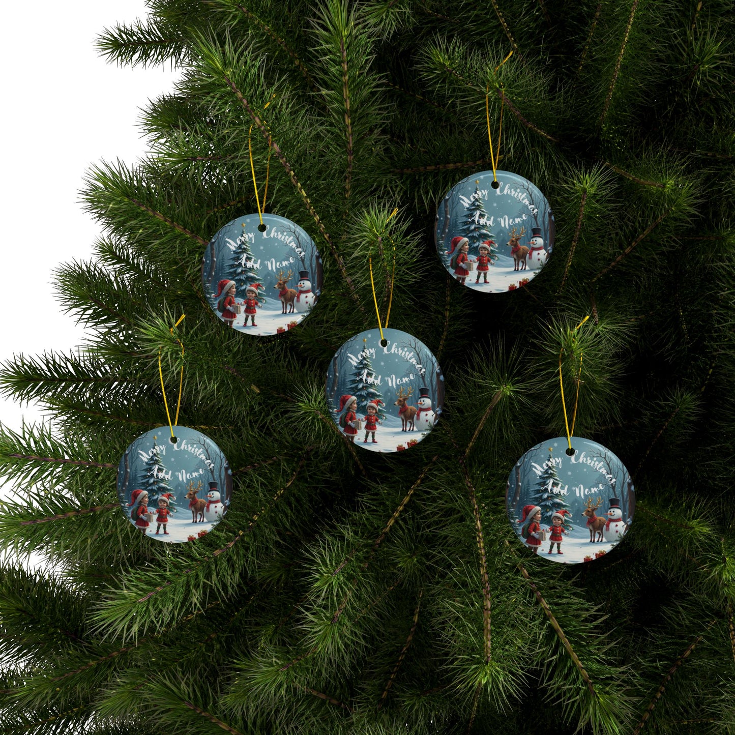 Personalized Merry Christmas Kids & The Snow Man Ornaments - Ceramic, 2-Side Print, (1pc, 3pcs, 5pcs, 10pcs)