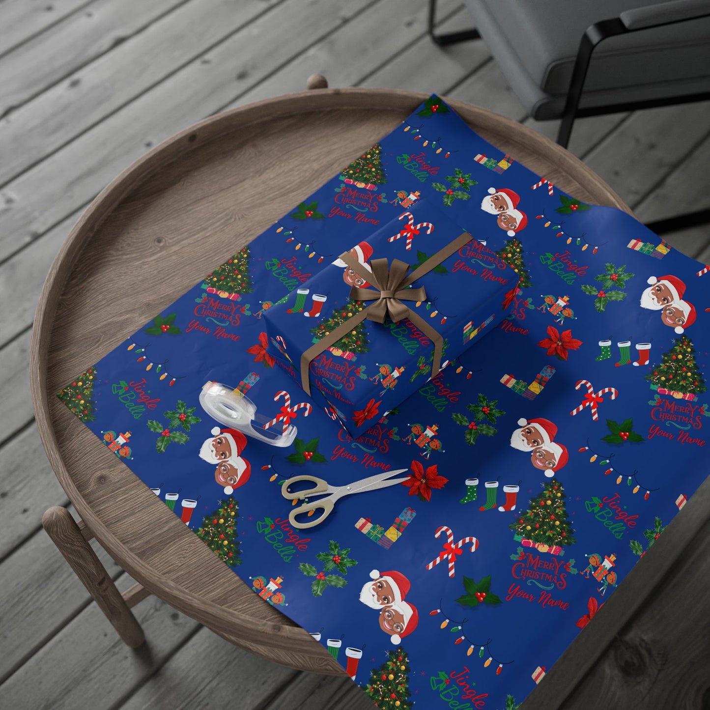 Personalized Afrocentric Mr. & Mrs Claus Blue Christmas Wrapping Paper