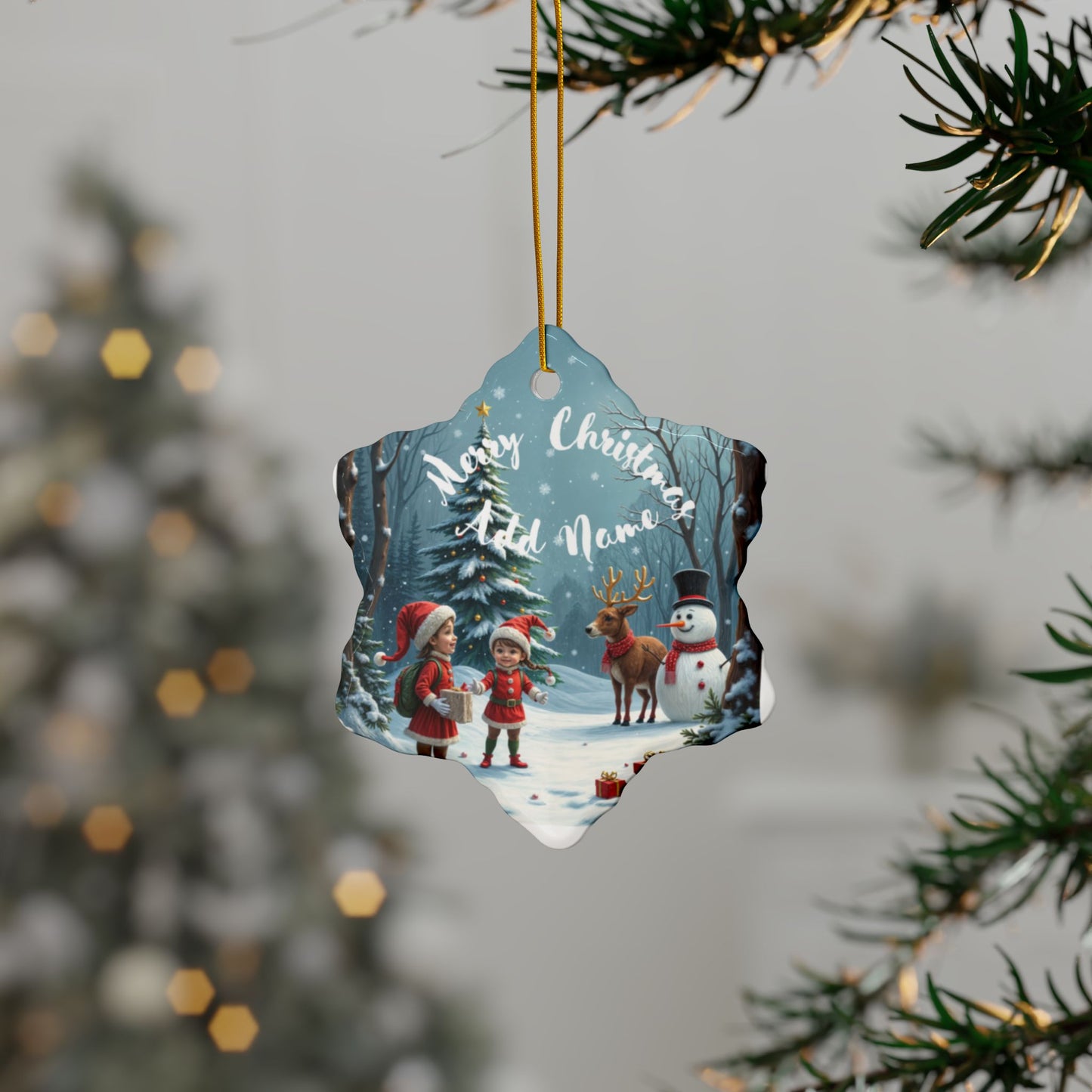 Personalized Merry Christmas Kids & The Snow Man Ornaments - Ceramic, 2-Side Print, (1pc, 3pcs, 5pcs, 10pcs)