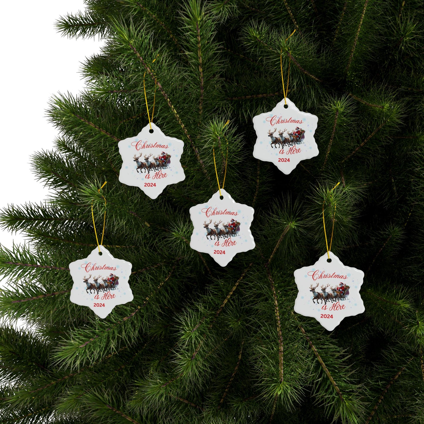 Christmas Is Here 2024 Ceramic Ornaments, 2-Side Print, (1pc, 3pcs, 5pcs, 10pcs)