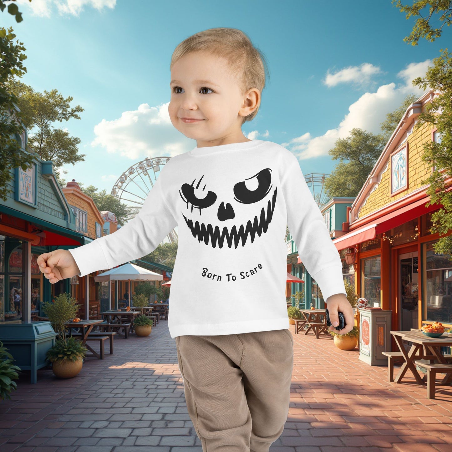 Toddler's Born To Scare MonsterFace Halloween Long Sleeve T-shirt