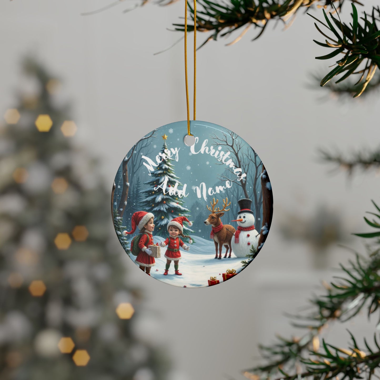 Personalized Merry Christmas Kids & The Snow Man Ornaments - Ceramic, 2-Side Print, (1pc, 3pcs, 5pcs, 10pcs)