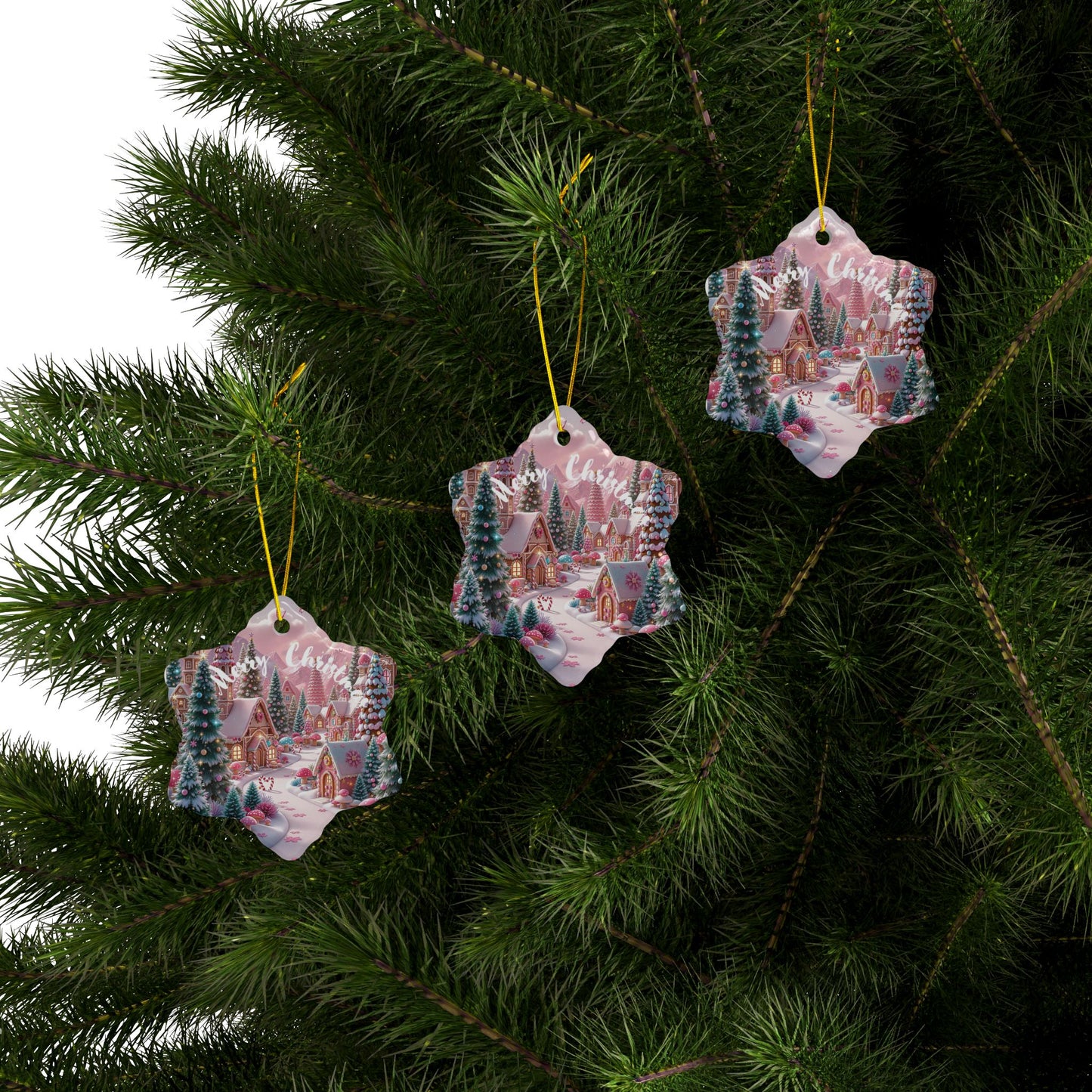 Merry Christmas Village Ceramic Ornaments, 2-Side Print, (1pc, 3pcs, 5pcs, 10pcs)