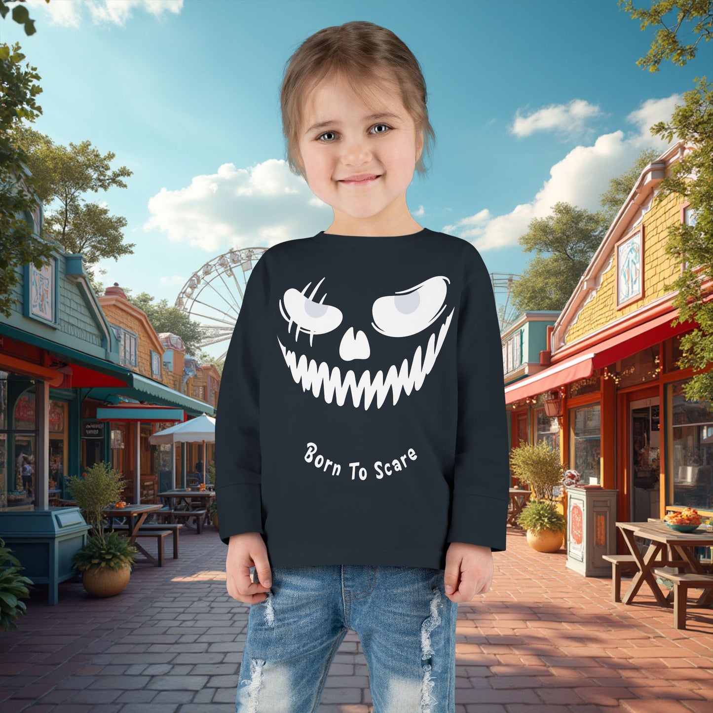 Toddler's Born To Scare MonsterFace Halloween Long Sleeve T-shirt