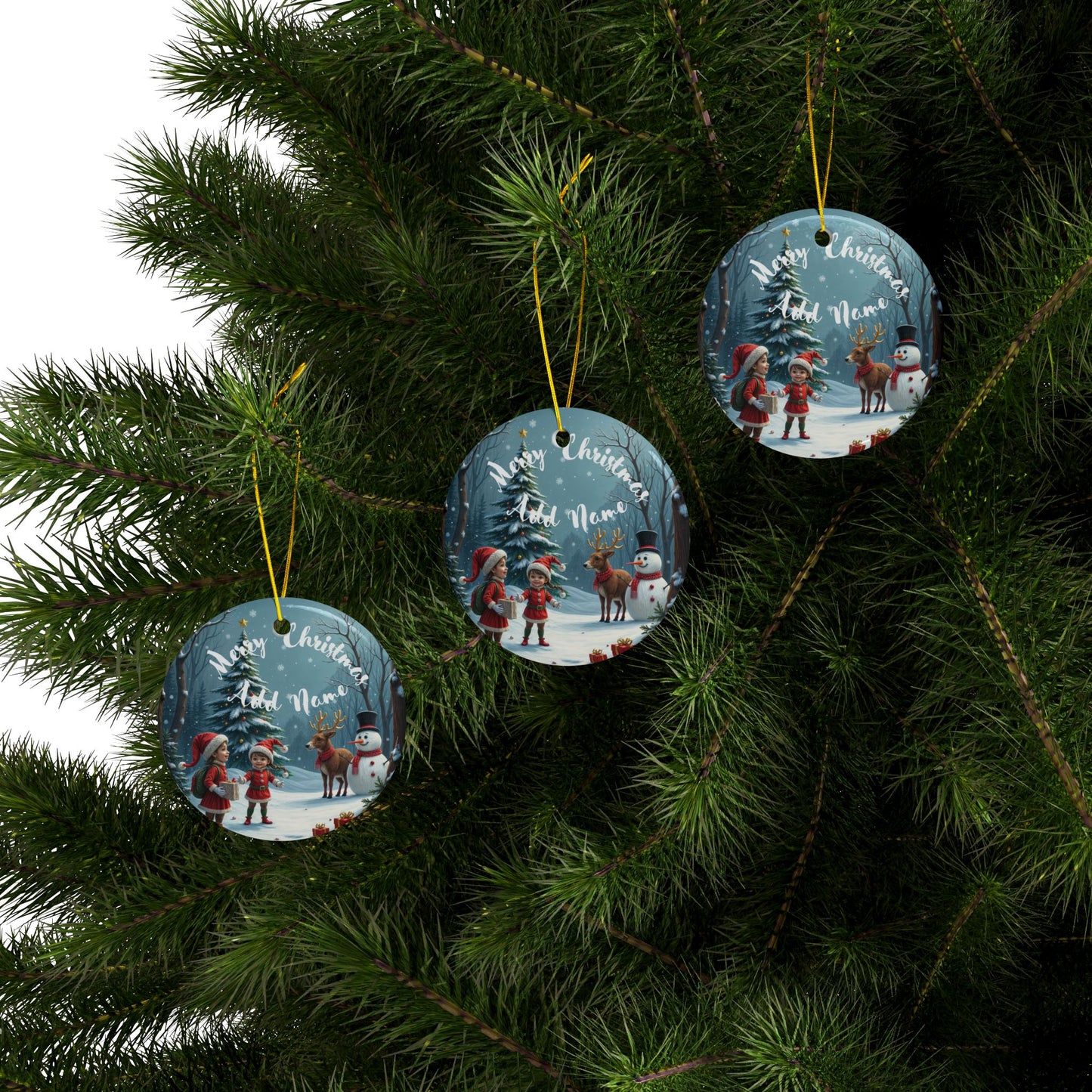 Personalized Merry Christmas Kids & The Snow Man Ornaments - Ceramic, 2-Side Print, (1pc, 3pcs, 5pcs, 10pcs)