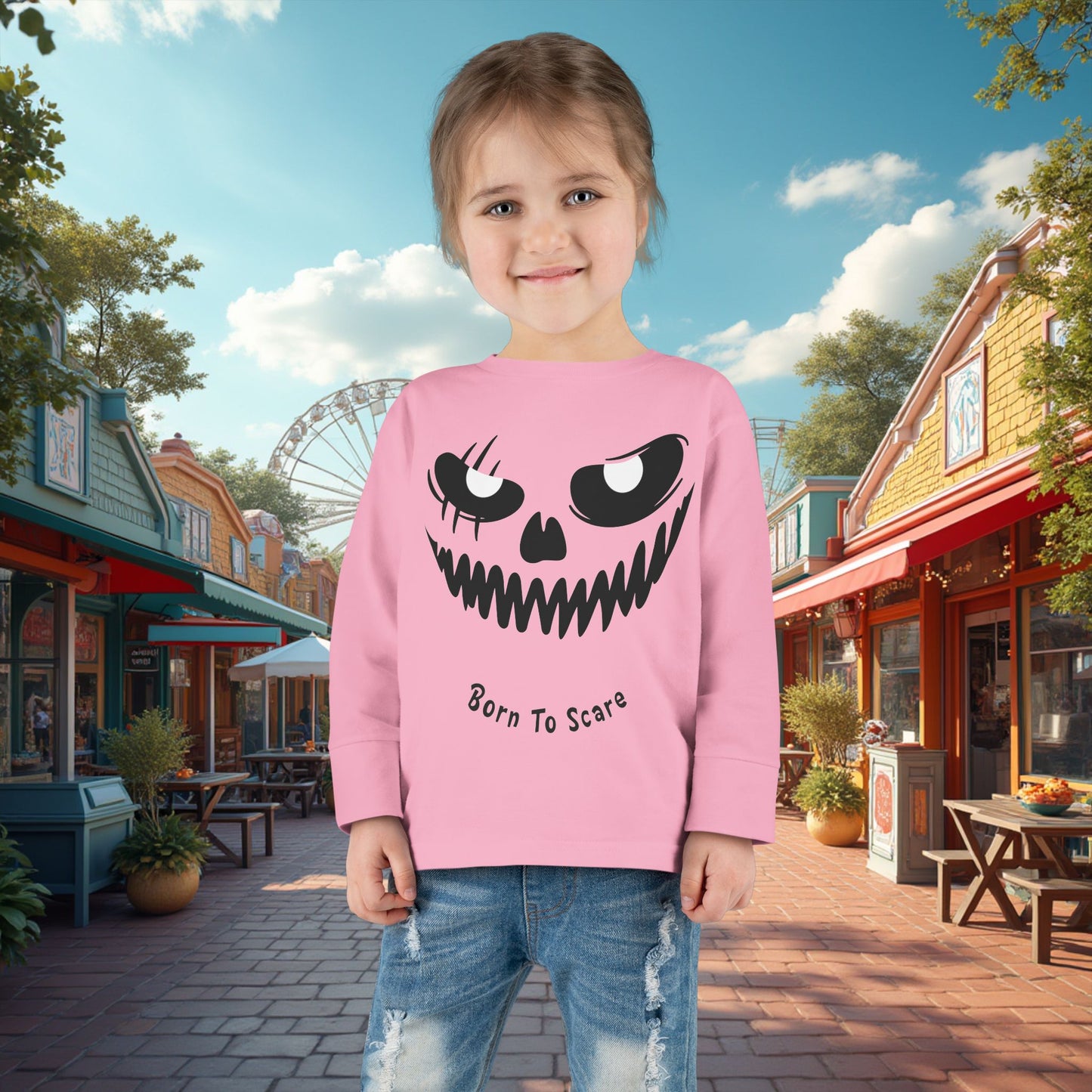 Toddler's Born To Scare MonsterFace Halloween Long Sleeve T-shirt