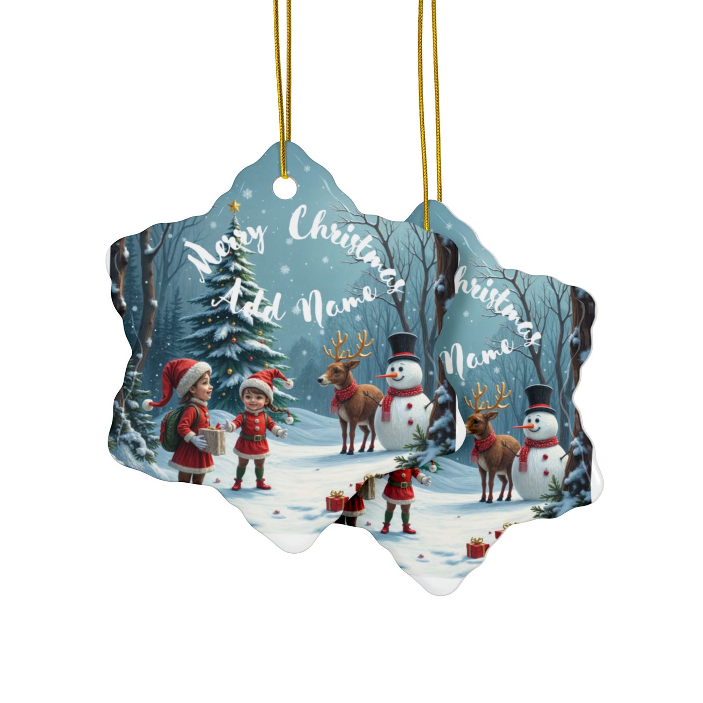 Personalized Merry Christmas Kids & The Snow Man Ornaments - Ceramic, 2-Side Print, (1pc, 3pcs, 5pcs, 10pcs)